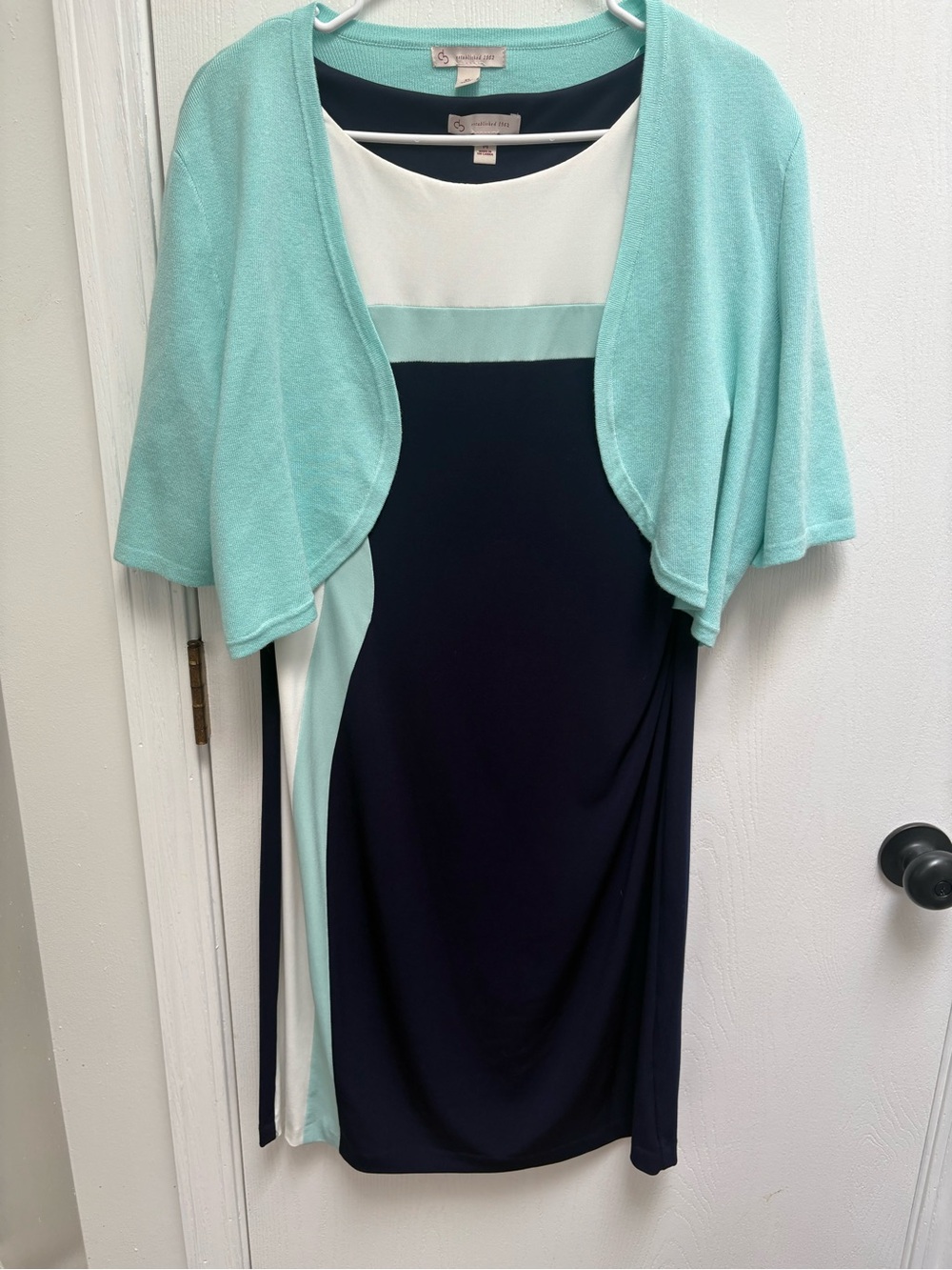 Colorblock Navy, Mint & White Midi Dress with Mint Shrug